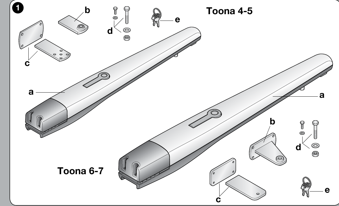 NICE Toona 6–7 – Originalabbildung des Motors und der Montageteile NICE Toona 6–7 – Originalabbildung des Motors und der Montageteile