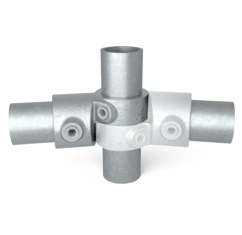 Verzinkter, verstellbarer T-Gelenkverbinder für ein Rohr mit 42,4 mm Durchmesser.