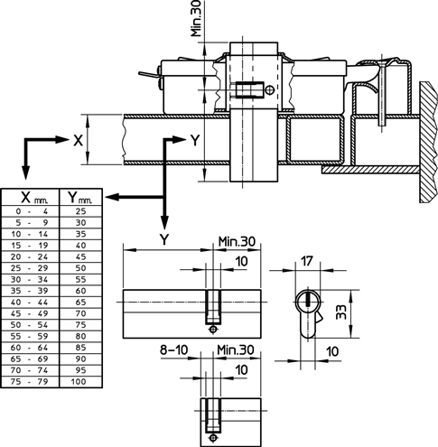 Elektroschloss NICE PLA10, PLA11 – Abmessungen der kompatiblen Zylinder