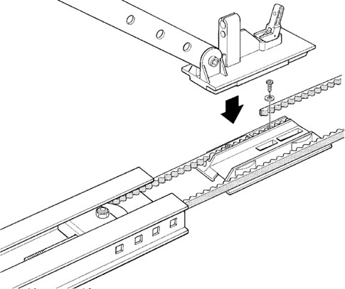 5. Legen Sie den Riemen in den Laufwagen ein, befestigen Sie ihn mit Schraube und Unterlegscheibe und schieben Sie den Laufwagen anschließend wieder in die Führungsschiene: